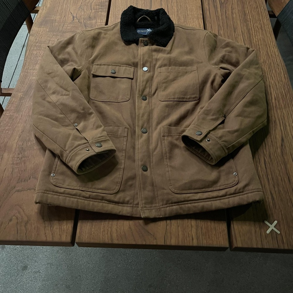 Pendleton Jacket Mens Large Brown Canvas Lined Snap Front Sherpa Collar Workwear